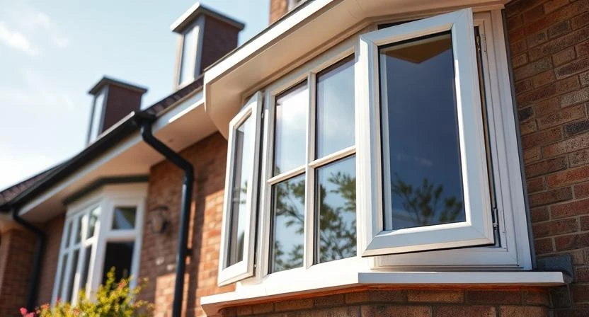 White double-glazed bay window installation on a red brick house with energy-efficient glass.