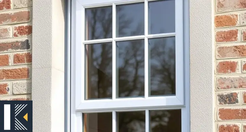 White Georgian uPVC window with decorative grid design, set in a red brick wall.
