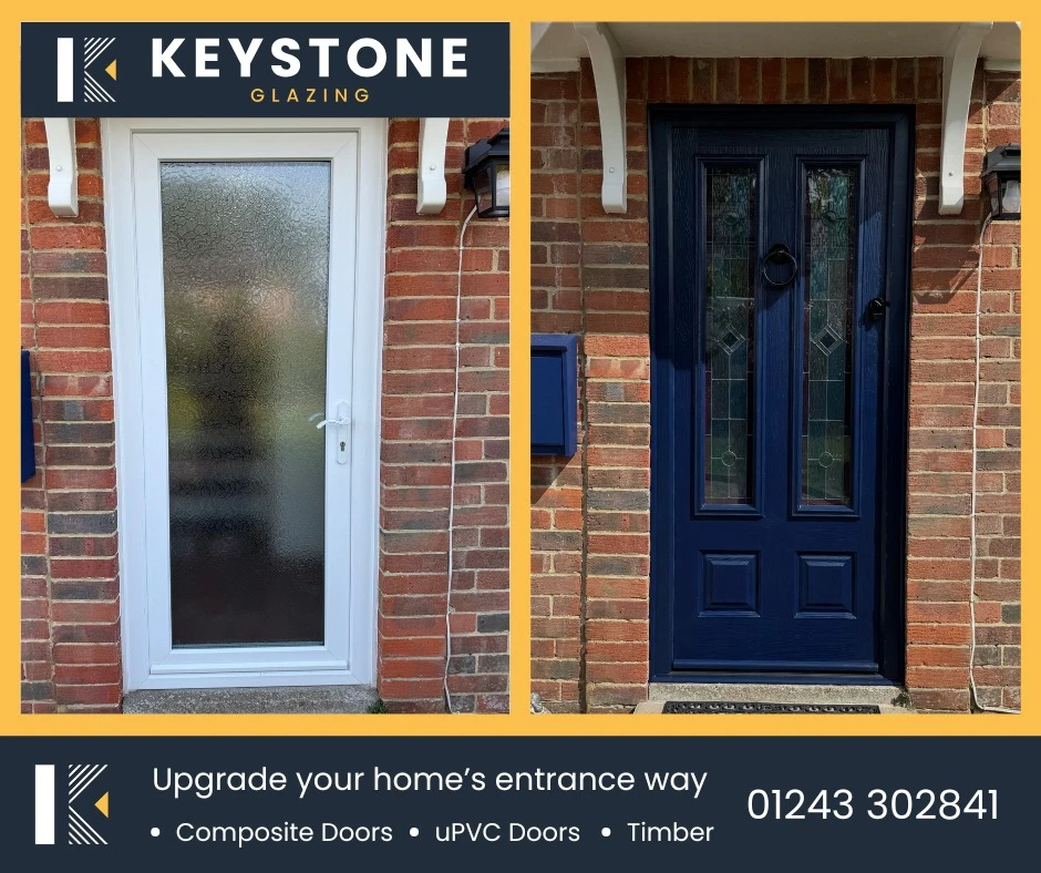 Before and after image showing an Endurance composite front door in French Navy replacing a white uPVC door in Waterlooville.