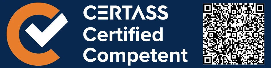 CERTASS Certified Competent logo with QR code, representing Keystone Glazing’s certified installation standards in Chichester.