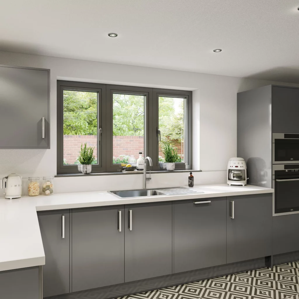 Modern kitchen with grey aluminium open-out windows and white countertops.