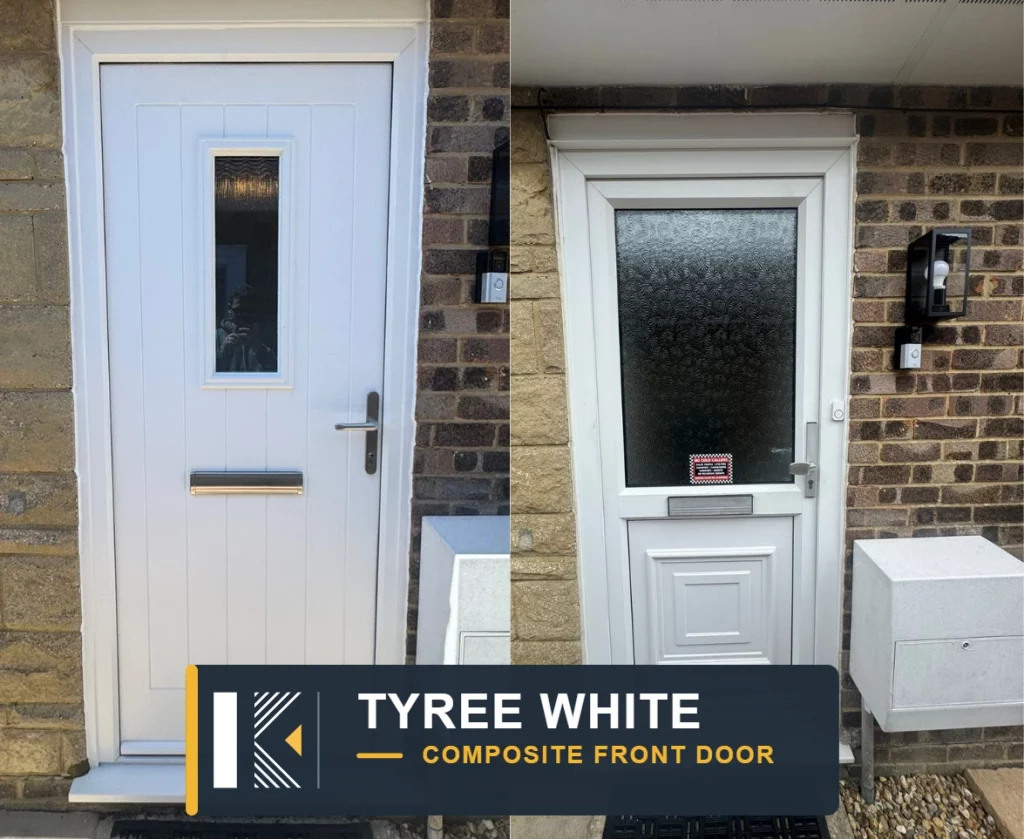 Two white composite front doors, including a glazed panel door and a narrow glazed entrance door, in Chichester, West Sussex