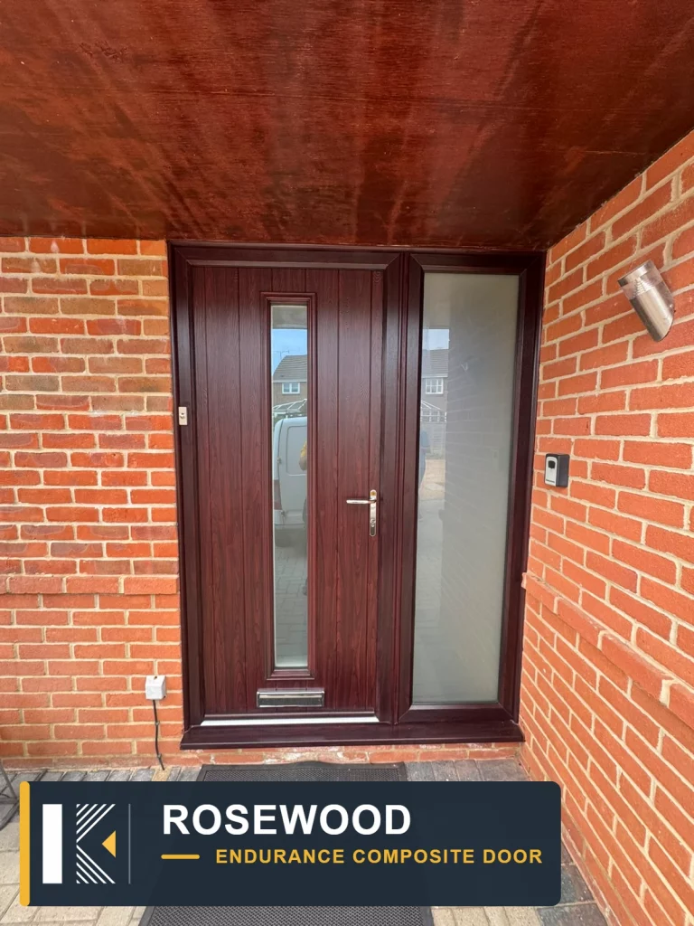 Rosewood composite entrance door with a narrow glazed panel and matching side panel set in red brickwork in Waterlooville