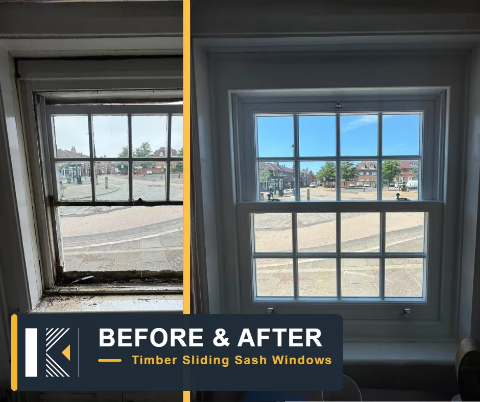 Side-by-side view of a weathered timber window before replacement and a restored multi-pane window after replacement in Hamble